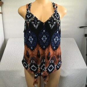 INK SLEEVELESS WOMAN BLOUSE WITH BOTTOM TIE, BROWN, BLUE AND BLACK SIZE LARGE